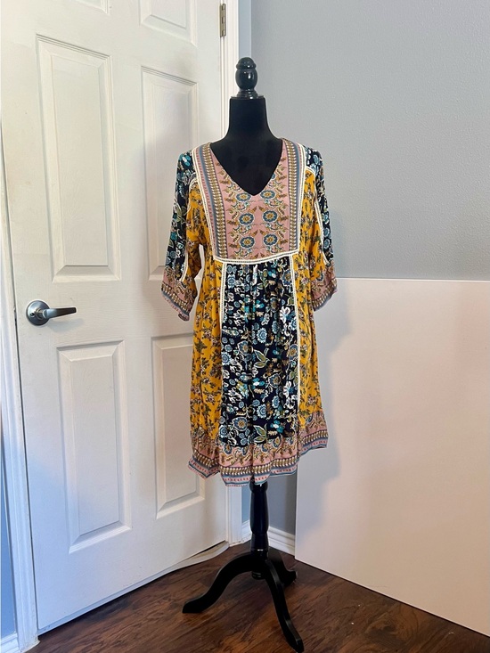 Sundance Dresses & Skirts - Sundance Boho Floral Patchwork V-Neck Mini Dress in Yellow and Black